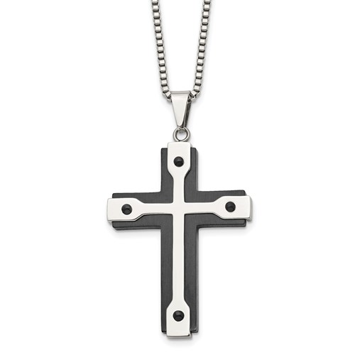 Chisel Stainless Steel Brushed and Polished Black IP-plated Cross Pendant on a Box Chain Necklace, 22"