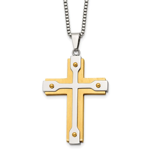 Chisel Stainless Steel Brushed and Polished Yellow IP-plated Cross Pendant on a Box Chain Necklace, 22"