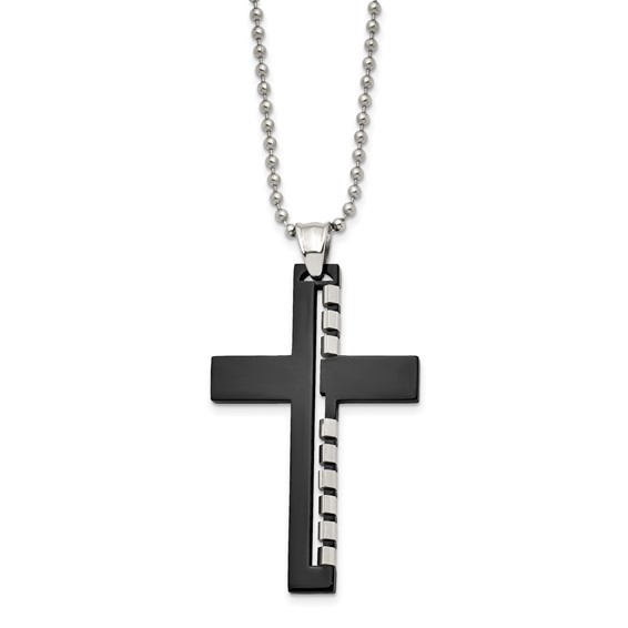 Chisel Stainless Steel Polished Black IP-plated Cut out Cross Pendant on a 22 inch Ball Chain Necklace