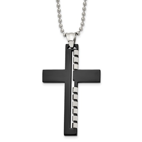Chisel Stainless Steel Polished Black IP-plated Cut Out Cross Pendant on a Ball Chain Necklace, 22"