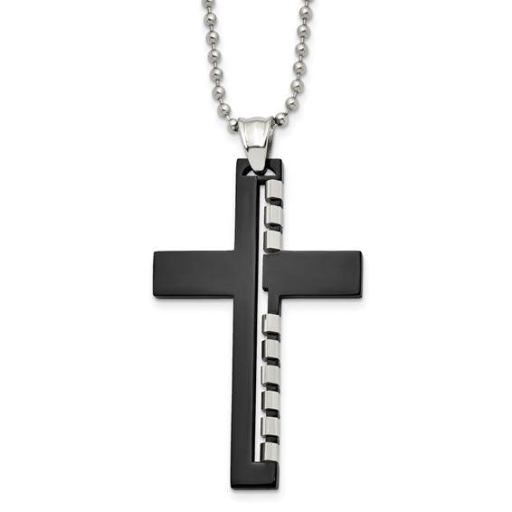 Chisel Stainless Steel Polished Black IP-plated Cut out Cross Pendant on a 22 inch Ball Chain Necklace