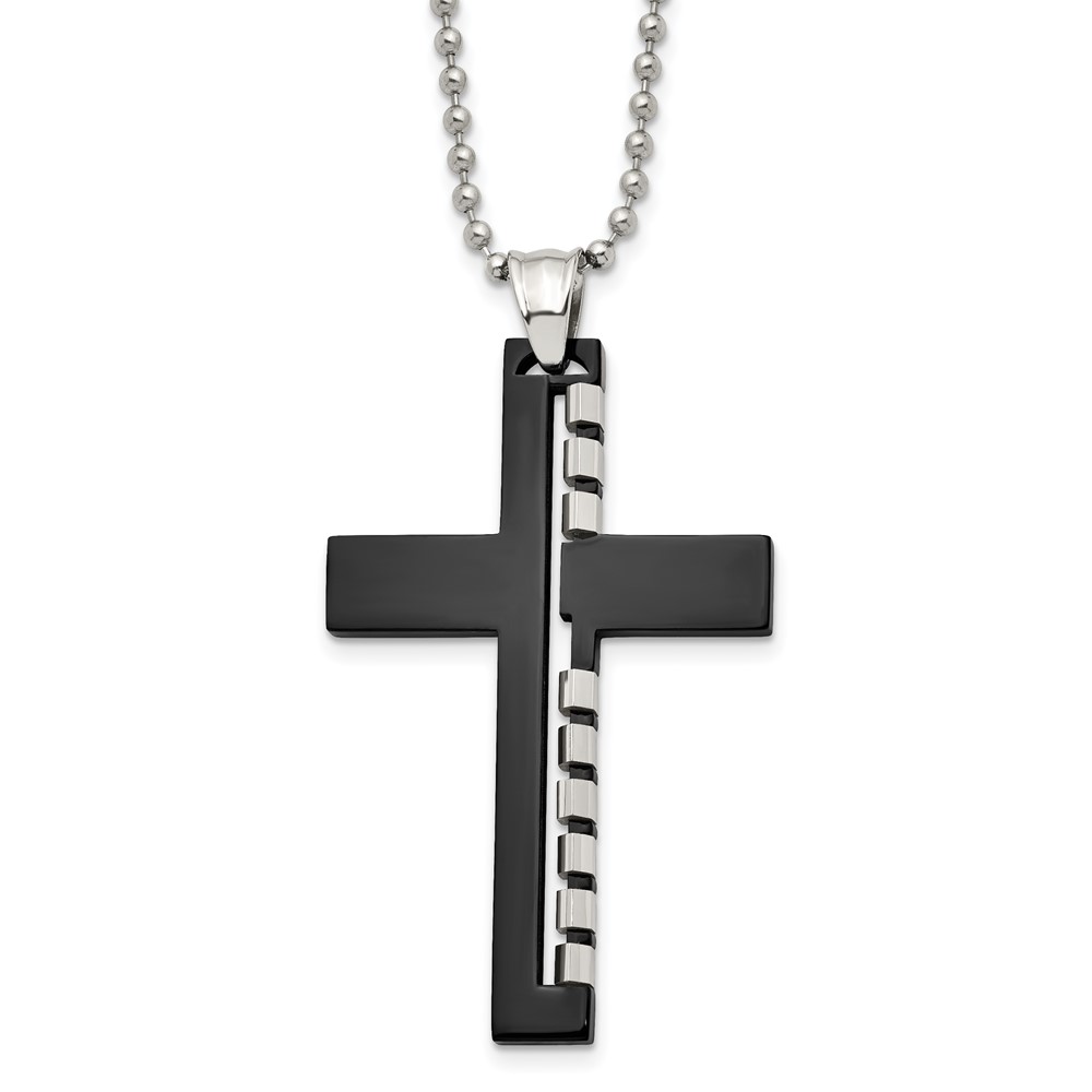 Stainless Steel Polished Black IP-plated Cut out Cross 22in Necklace