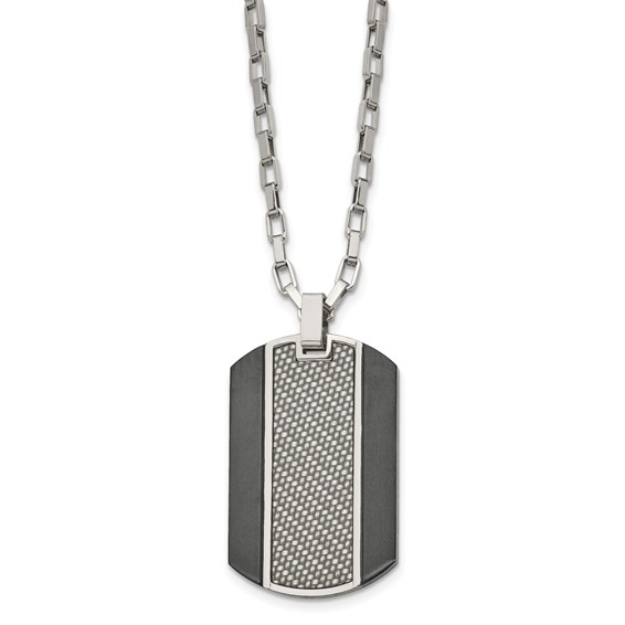 Stainless Steel Brushed & Polished Black IP Grey CarbonFiber Inlay Necklace