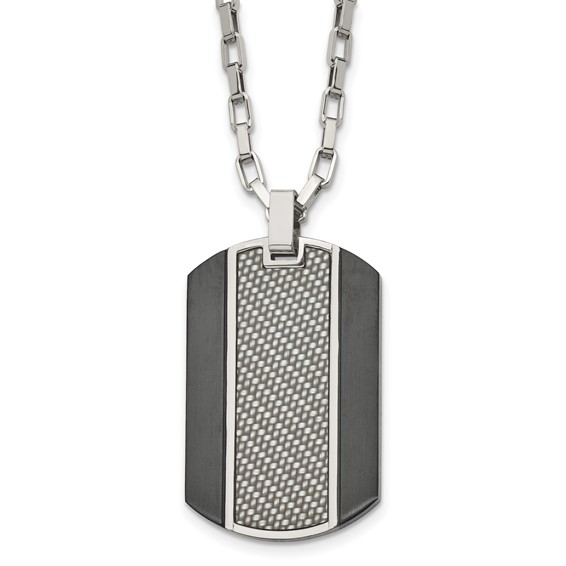Stainless Steel Brushed & Polished Black IP Grey CarbonFiber Inlay Necklace