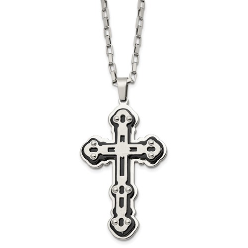 Stainless Steel Brushed and Polished Black IP-plated Cross Necklace, 24"