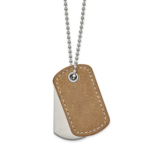 Chisel Stainless Steel Brushed and Polished Necklace with Tan Leather 2 Piece Dog Tags on a Ball Chain, 22"