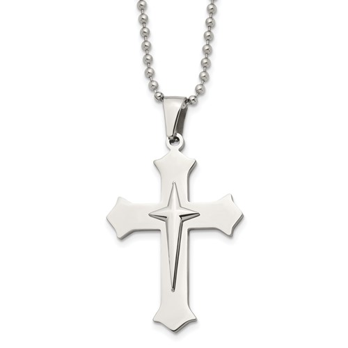 Chisel Stainless Steel Polished Cross Pendant on a Ball Chain Necklace, 24"