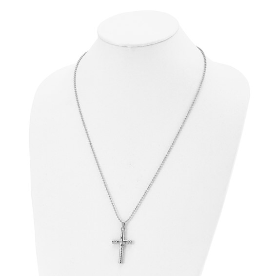 Stainless Steel Polished and Textured with Black Enamel Cross 24 Inch Necklace