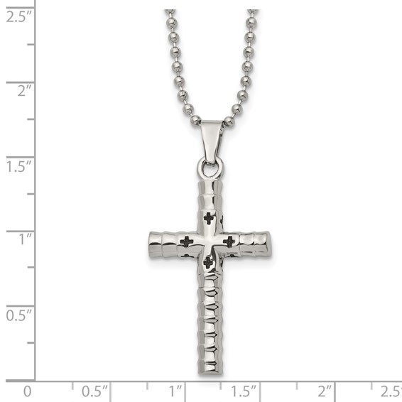 Stainless Steel Polished and Textured with Black Enamel Cross 24 Inch Necklace