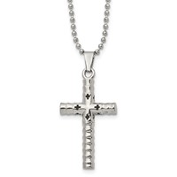 Stainless Steel Polished and Textured Necklace with Black Enamel Cross, 24" view 1