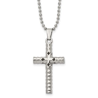 Stainless Steel Polished and Textured with Black Enamel Cross 24 Inch Necklace