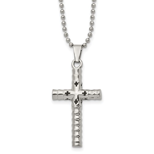 Stainless Steel Polished and Textured Necklace with Black Enamel Cross, 24"