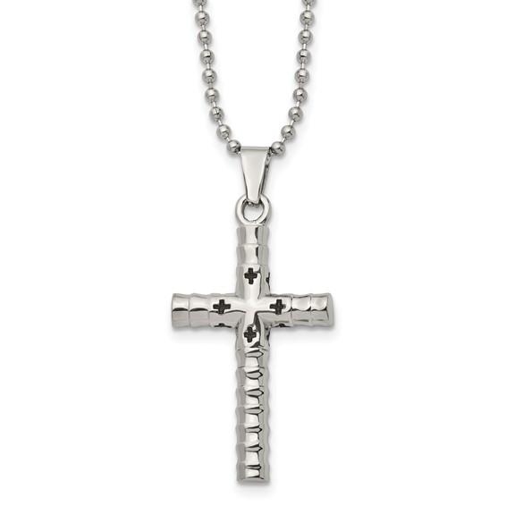 Stainless Steel Polished and Textured with Black Enamel Cross 24 Inch Necklace