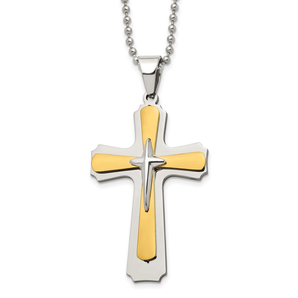 Stainless Steel Polished Yellow IP-plated Cross 22in Necklace