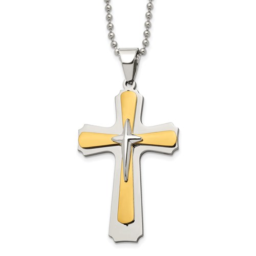 Chisel Stainless Steel Polished Yellow IP-plated Cross Pendant on a Ball Chain Necklace, 22"
