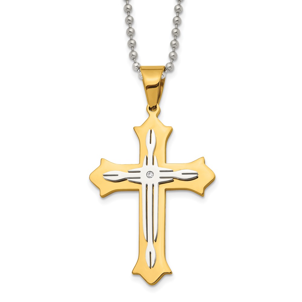 Stainless Steel Polished Yellow IP-plated w/CZ Cross 24in Necklace