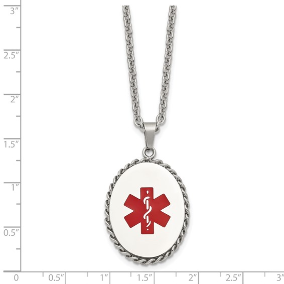 Chisel Stainless Steel Polished with Red Enamel Oval Medical ID Pendant on a 20 inch Cable Chain Necklace