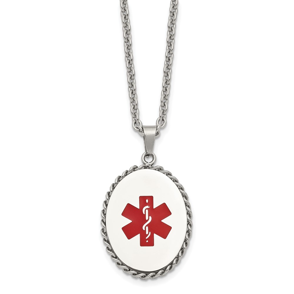 Stainless Steel Polished w/Red Enamel Oval Medical ID 20in Necklace