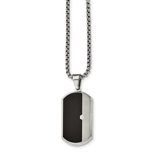 Stainless Steel Brushed and Polished w/Enamel and CZ Dog Tag Necklace
