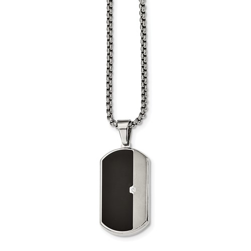 Stainless Steel Brushed and Polished Necklace with Enamel and CZ Dog Tag