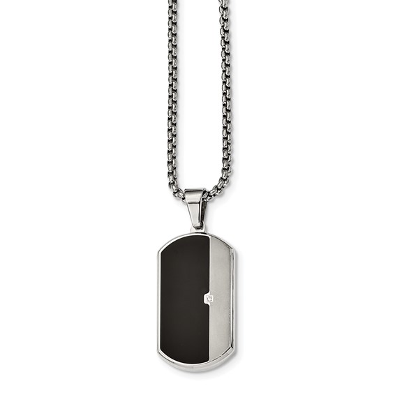 Stainless Steel Brushed and Polished w/Enamel and CZ Dog Tag Necklace