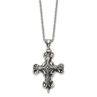 Stainless Steel Antiqued and Polished Necklace with Black Glass Cross, 22" view 2