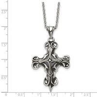 Stainless Steel Antiqued and Polished Necklace with Black Glass Cross, 22" view 5