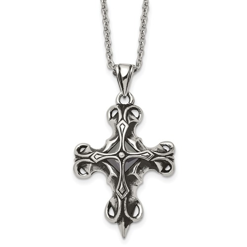 Stainless Steel Antiqued and Polished Necklace with Black Glass Cross, 22"