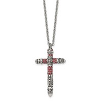 Stainless Steel Antiqued and Polished Necklace with Red Crystal Cross, 22" view 3