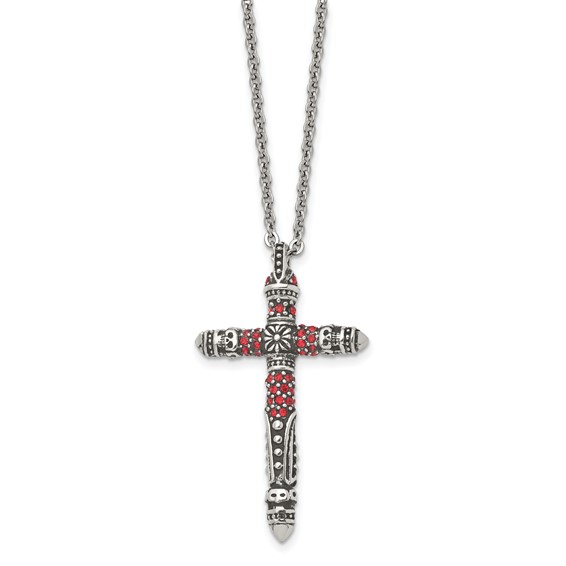 Stainless Steel Antiqued and Polished w/Red Crystal Cross 22in Necklace