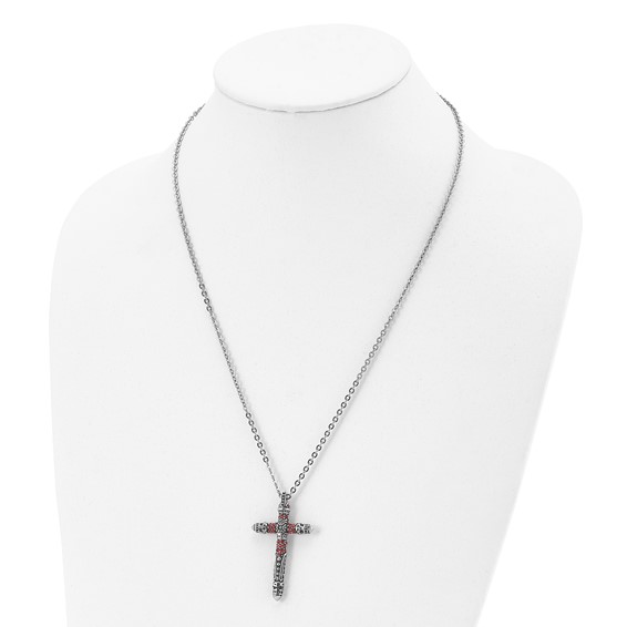 Stainless Steel Antiqued and Polished w/Red Crystal Cross 22in Necklace