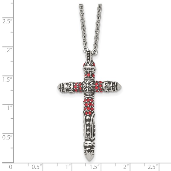 Stainless Steel Antiqued and Polished w/Red Crystal Cross 22in Necklace