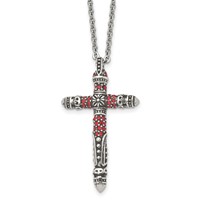 Stainless Steel Antiqued and Polished Necklace with Red Crystal Cross, 22" view 1
