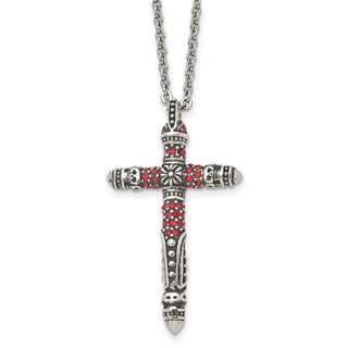 Stainless Steel Antiqued and Polished w/Red Crystal Cross 22in Necklace