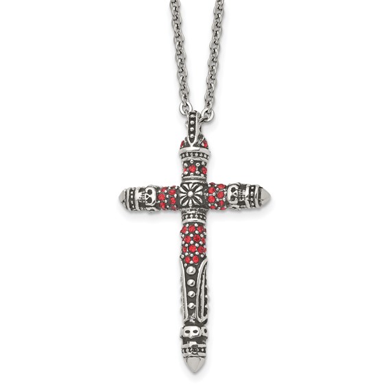 Stainless Steel Antiqued and Polished w/Red Crystal Cross 22in Necklace