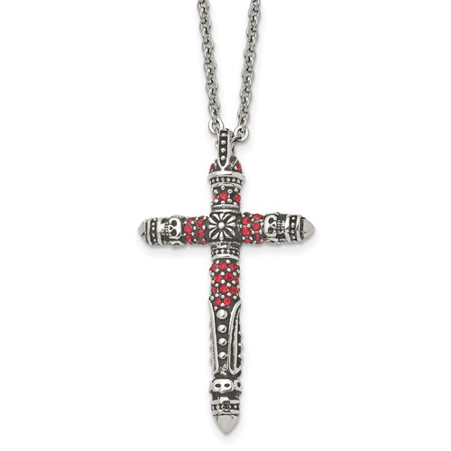 Stainless Steel Antiqued and Polished Necklace with Red Crystal Cross, 22"