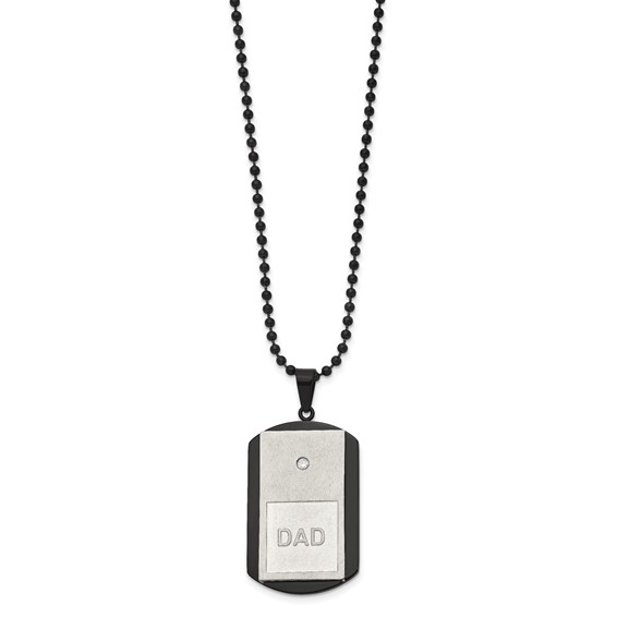 Chisel Stainless Steel Brushed and Polished Black IP-plated with CZ DAD Dog Tag on a 22 inch Ball Chain Necklace