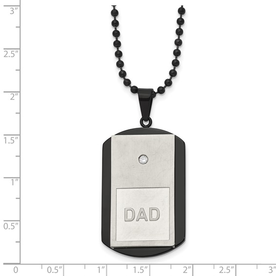 Chisel Stainless Steel Brushed and Polished Black IP-plated with CZ DAD Dog Tag on a 22 inch Ball Chain Necklace