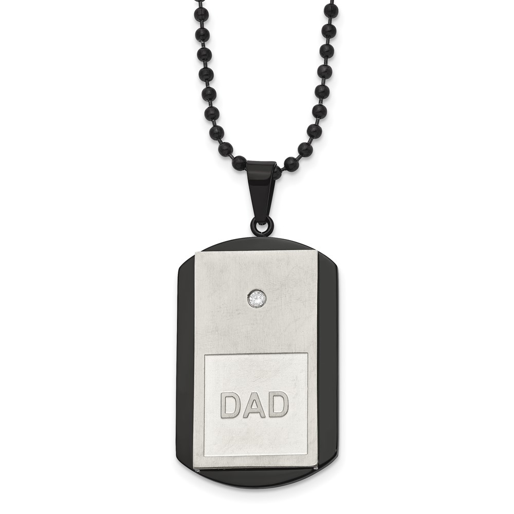 Stainless Steel Brushed & Polished Black IP w/CZ DAD Dog Tag Necklace