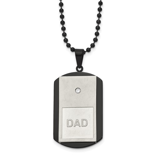 Chisel Stainless Steel Brushed and Polished Black IP-plated Necklace with CZ Dad Dog Tag on a Ball Chain, 22"