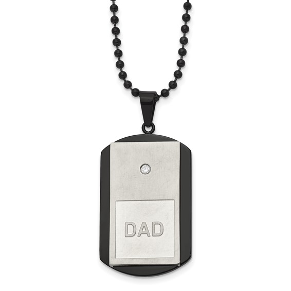 Chisel Stainless Steel Brushed and Polished Black IP-plated with CZ DAD Dog Tag on a 22 inch Ball Chain Necklace