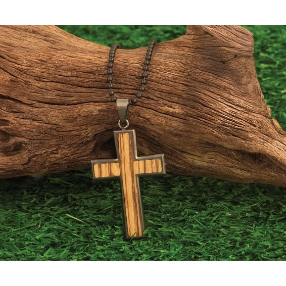 Stainless Steel Brushed GunMetal IP-plated w/Wood Inlay Cross Necklace