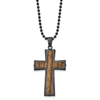 Stainless Steel Brushed GunMetal IP-plated Necklace with Wood Inlay Cross view 1