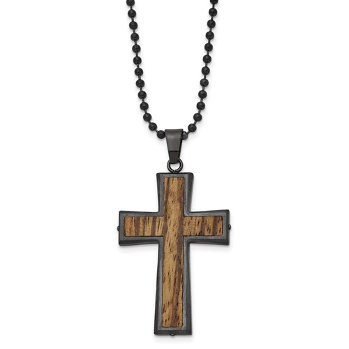 Stainless Steel Brushed GunMetal IP-plated Necklace with Wood Inlay Cross