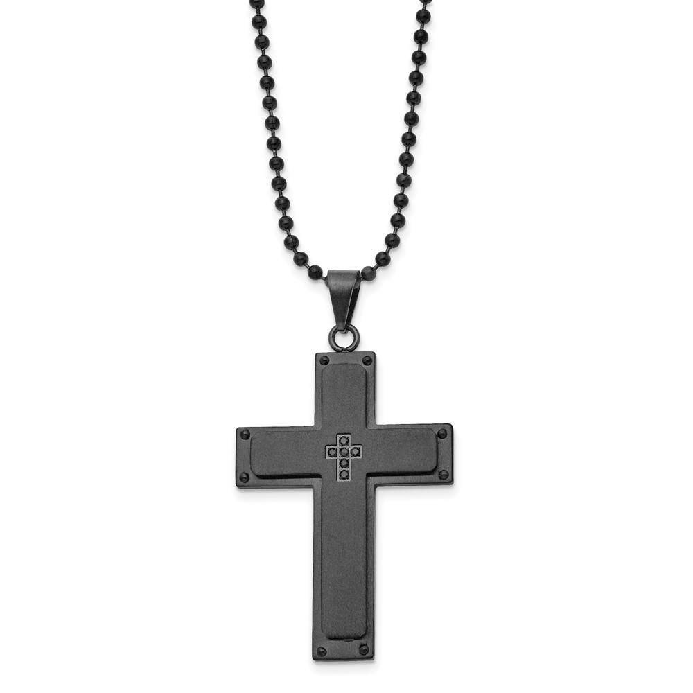 Stainless Steel Brushed Black IP-plated w/Black CZ Cross 24in Necklace