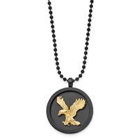 Chisel Stainless Steel Brushed and Polished Black and Yellow IP-plated Eagle Disk on a Ball Chain Necklace, 24" view 1