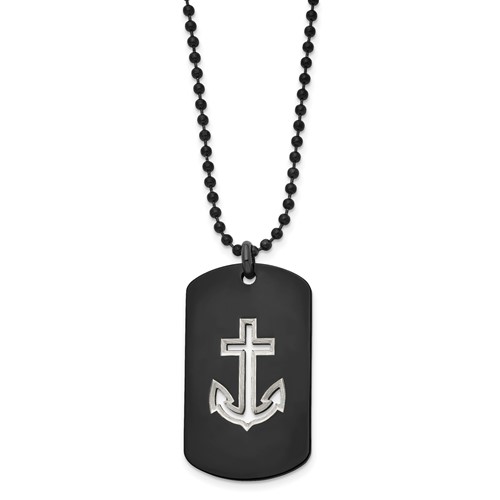 Chisel Stainless Steel Polished Black IP-plated Anchor Dog Tag on a Ball Chain Necklace, 22"
