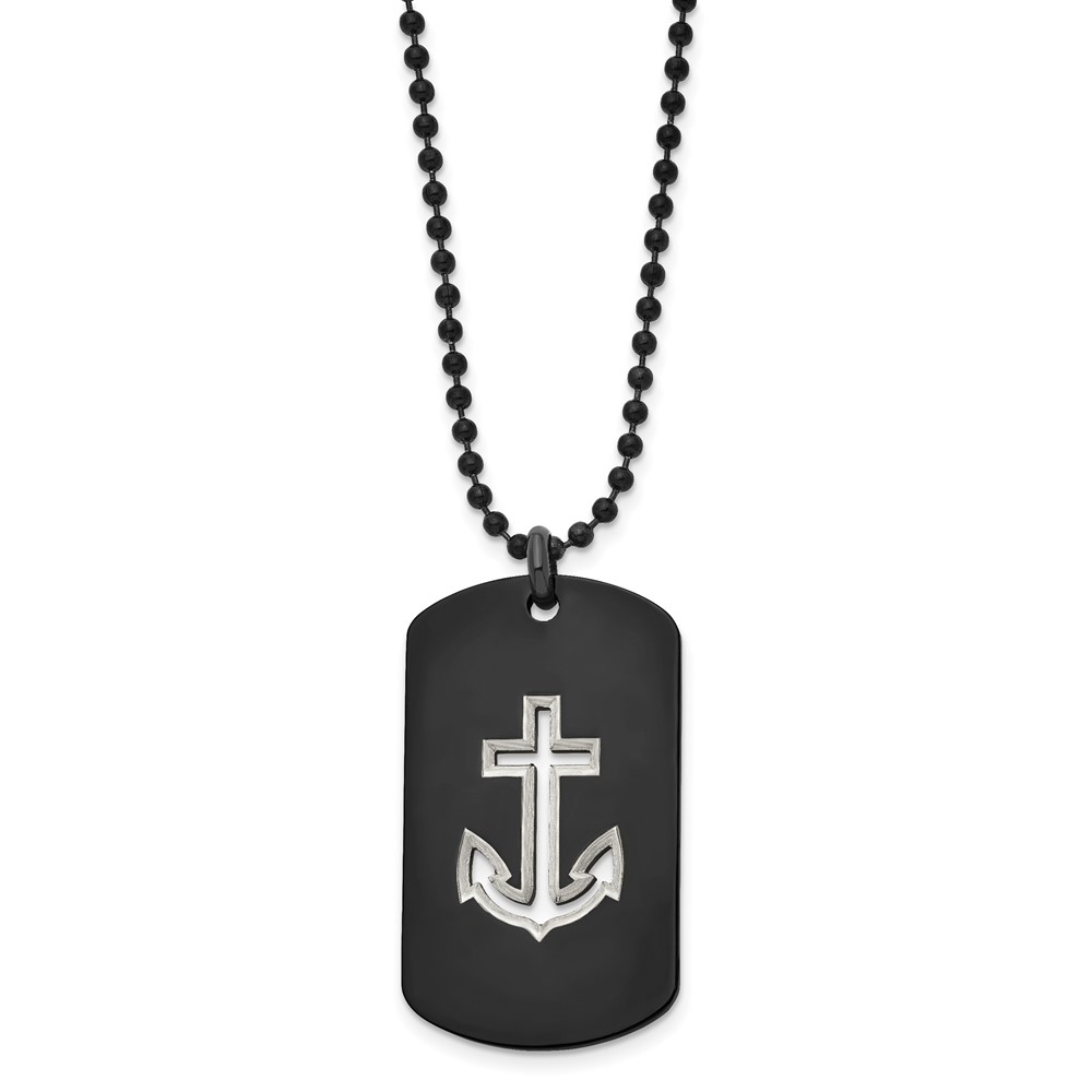 Stainless Steel Polished Black IP-plated Anchor Dog Tag 22in Necklace