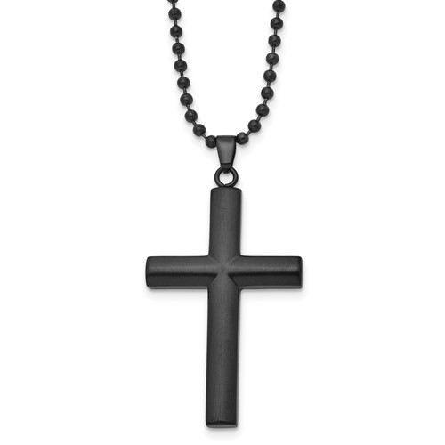 Chisel Stainless Steel Brushed and Polished Black IP-plated Cross Pendant on a 24 Inch Ball Chain Necklace