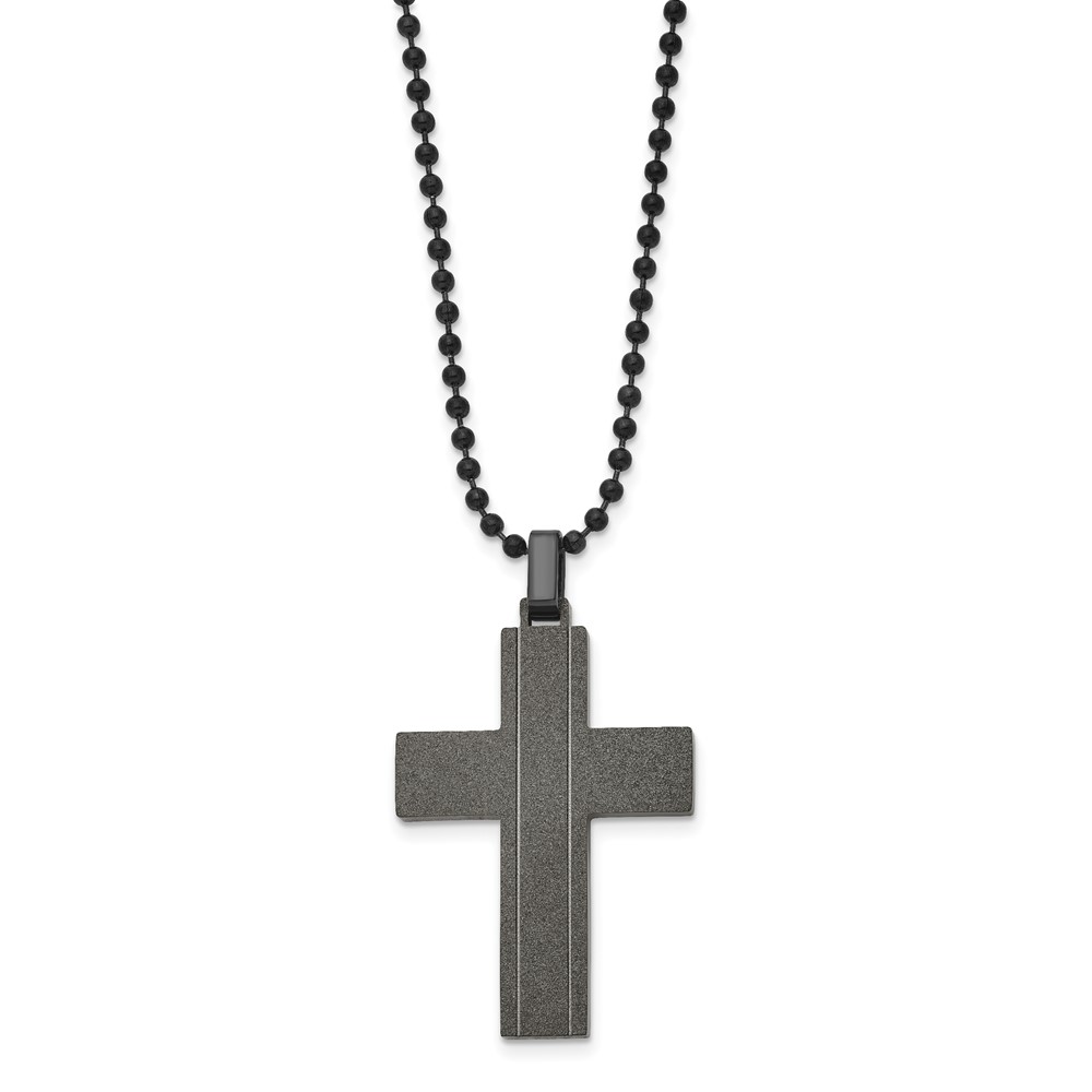 Stainless Steel Brushed & Polished Black IP-plated Lasercut Cross Necklace